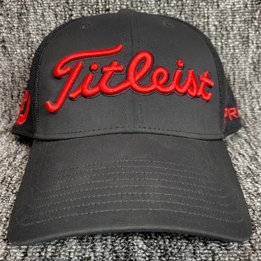 Titleist Golf Tour Performance Mesh Fitted Hat Cap Black Red Pro V1 FJ Size S/M